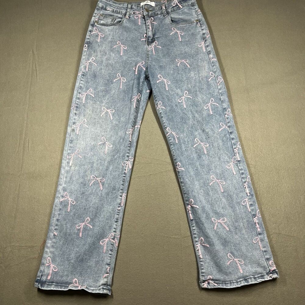 Bamboo Jeans Womans denim wide leg cargo jeans size 13 pink bows coquette